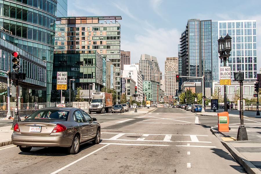 Car stops at light in Boston, Massachusetts.