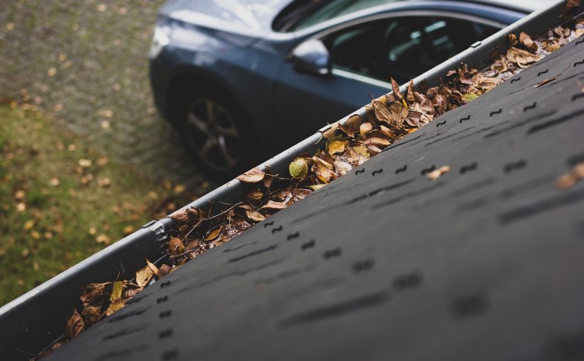 Closeup of roof with leaf-filled gutter beyond which is a car in the driveway.