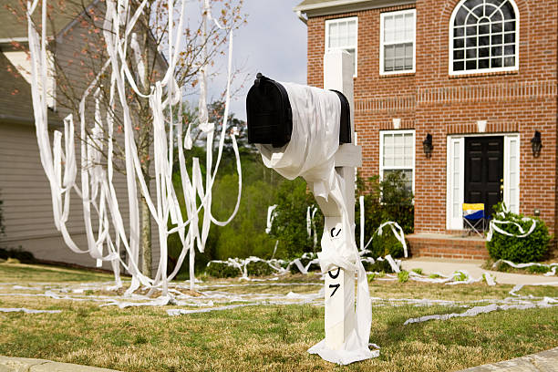 Trees and a mailbox in front of a home covered in layers of toilet paper.